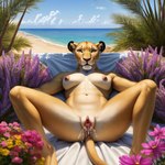 absurd_res amber_eyes anthro beach bodily_fluids breasts cum cum_in_pussy cum_inside director_cougar felid female flower fur genital_fluids genitals hi_res horizon humanoid_genitalia humanoid_pussy lion looking_at_viewer mammal nipples open_pussy palm_tree pantherine plant pussy pussy_juice sand seaside small_breasts solo spread_legs spreading tan_body tan_fur towel tree