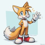 anthro blue_eyes clothing footwear fur gesture gloves handwear male open_mouth open_smile simple_background smile solo sonic_the_hedgehog_(series) waving waving_at_viewer anonymous_director miles_prower canid canine fox mammal attempted_signature hi_res