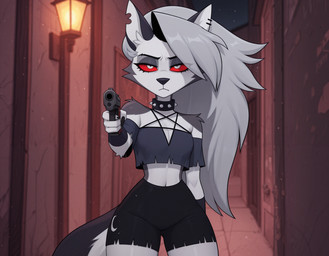 anthro clothing collar crop_top female fingerless_gloves gesture gloves gun handwear holding_gun holding_object holding_weapon looking_at_viewer night outside pointing pointing_at_viewer ranged_weapon shirt solo standing tail topwear weapon raif_ai helluva_boss loona_(helluva_boss) canid canid_demon canine canis demon hellhound mammal wolf hi_res