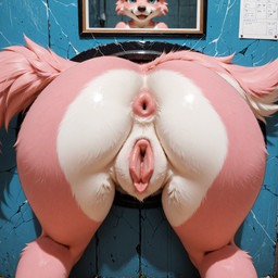 anthro anus blue_eyes female free_use fur genitals musouka pink_body pink_fur pussy raised_tail solo tail through_wall wall_(structure) white_body white_fur hi_res