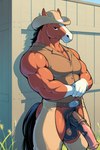 animal_genitalia animal_penis anthro balls belt biceps big_balls big_muscles big_penis biped black_balls bottomwear brown_body brown_fur chaps clothed clothing cowboy_hat crossed_arms equine_genitalia equine_penis erection fence fur genitals grass half-erect hat headgear headwear looking_at_viewer male markings medial_ring muscular muscular_anthro muscular_male outside pecs penis pink_penis plant smile solo standing tail topwear triceps vein veiny_penis vest white_body white_fur unknown_director equid equine horse mammal hi_res