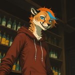 anthro bar blue_eyes blue_hair bottle breasts clothed clothing fangs female fur grin grinning_at_viewer hair hoodie low-angle_view neck_tuft open_mouth open_smile orange_hair red_clothing red_hoodie red_topwear short_hair side_cut slim small_breasts smile solo spots spotted_body topwear tuft yellow_body yellow_fur oldhroft vex_(oldhroft) cheetah felid feline mammal absurd_res half-length_portrait hi_res portrait