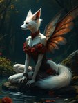 anthro breasts bushy_tail choker cleavage clothed clothing dress female flower flower_petals forest fur furgonomics jewelry long_ears necklace petals plant red_eyes rose_(flower) rose_petals solo solo_focus tree water whiskers white_body white_fur wings valendier canid canine fox mammal