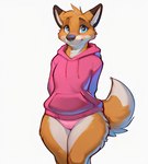 anotherarcticfox anthro black_nose blue_eyes canid canine clothing dipstick_tail female fox fur hands_behind_back hi_res hoodie inner_ear_fluff mammal markings orange_body orange_fur panties pink_clothing pink_panties pink_underwear simple_background solo tail_markings topwear tuft underwear white_background white_inner_ear_fluff