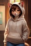 anthro audry bottomwear brown_eyes brunette clothing denim denim_clothing female fur hoodie jeans pants smile solo tan_body tan_fur topwear whiskers mindry mammal mustela mustelid musteline stoat true_musteline