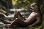 anthro creek forest furlow genitals lutrine male mammal masturbating masturbation mustelid penis plant realistic solo tree