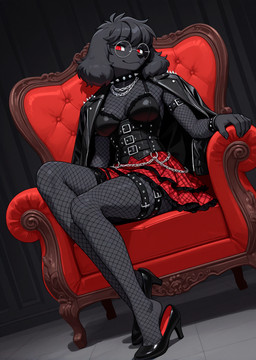anthro arm_strap armchair belt black_body black_fur bottomwear bracelet breasts chain chair clothed clothing collar corset dutch_angle eyewear female fishnet fishnet_armwear fishnet_clothing fishnet_legwear fishnet_topwear footwear fur furniture high_heels jacket jacket_on_shoulders jewelry legwear lingerie medium_breasts medium_hair off_shoulder red_clothing red_eyes shoulder_pads skirt solo spiked_collar spikes straps thigh_strap topwear loren_iipsum precelia_(kbi) canid canine canis domestic_dog mammal poodle hi_res