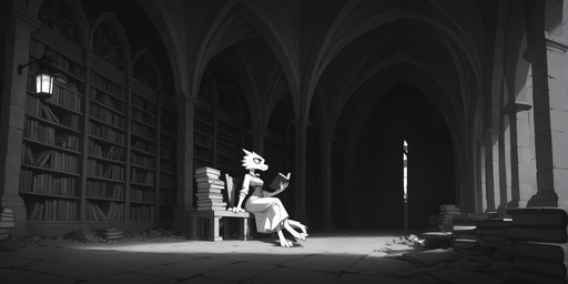 3_toes 4_fingers anthro bench book brick_floor brick_wall castle claws clothing crossed_legs detailed_background digitigrade dress feet female fingers fur holding_book holding_object inside lamp lantern library looking_at_object looking_book medieval_background medieval_clothing on_bench sitting solo toes wall_(structure) white_body white_claws adragocult furred_kobold kobold absurd_res black_and_white hi_res monochrome