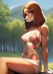 anthro breasts canid canine canis cleavage clothed clothing domestic_dog dress elfurro eyewear female forest glasses mammal plant seductive side_boob sitting solo suki_lane tree