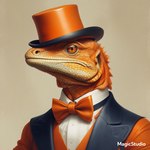 anthro bowtie clothed clothing hat headgear headwear looking_at_viewer male orange_body orange_eyes shirt simple_background solo tan_background top_hat topwear vest cow_of_fire lizard reptile scalie 1:1 portrait