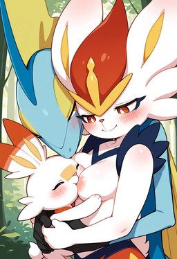 ambiguous_gender anthro blush breastfeeding breasts cub eyes_closed family female forest forest_background fur group medium_breasts nature nature_background plant size_difference tree white_body white_fur young anguirus12345 nintendo pokemon cinderace generation_8_pokemon inteleon pokemon_(species) scorbunny hi_res male_(lore)