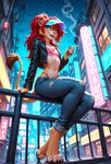 anthro blue_eyes bottomwear chest_tuft cigarette city city_background cityscape clothing cyberpunk denim denim_clothing digitigrade fur girly hair jacket jeans leather leather_clothing leather_jacket leather_topwear looking_at_viewer male neon_lights night pants paws power_line railing red_hair sign sitting sky smile smoking solo solo_focus star sun_visor tan_body tan_fur thong_straps topwear torn_clothing tube_top tuft katka felid feline lion mammal pantherine absurd_res hi_res