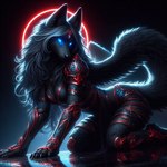 anthro bing_image_creator black_body black_fur black_nose blue_eyes celestial_body clothing cybernetics dall-e_3 detailed_background ears_up energy female fur glowing glowing_eyes halo machine photorealistic science_fiction solo tail_up goldanthrowolf canid canine canis luphra'nite mammal wolf