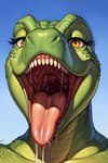 anthro bodily_fluids close-up dripping female looking_at_viewer mouth_shot open_mouth orange_eyes saliva saliva_drip solo teeth tongue tongue_out vore prompt_pal dinosaur reptile scalie theropod tyrannosaurid tyrannosaurus tyrannosaurus_rex hi_res