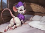 anthro anus bed bedroom butt cabin clothing female fur furniture genitals hat headgear headwear hi_res mammal miss_bianca_(the_rescuers) mouse murid murine pawpads paws pillow pink_nose presenting presenting_hindquarters pussy raised_tail rodent solo whiskers white_body white_fur window yoshiba