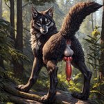 absurd_res anatomically_correct anatomically_correct_genitalia animal_genitalia animal_penis anus balls bodily_fluids butt canid canine canine_genitalia canine_penis canis detailed detailed_background detailed_fur director_firewolf feral forest furryrock_(model) genital_fluids genitals hi_res knot looking_at_viewer looking_back looking_back_at_viewer male mammal paws penis photorealism plant precum presenting presenting_hindquarters raised_tail rear_view solo tree whiskers wolf