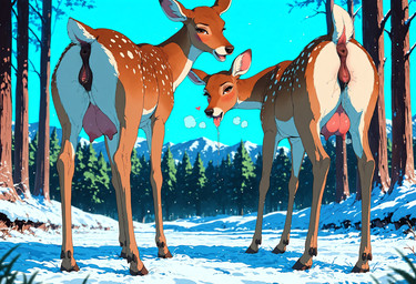 animal_genitalia animal_pussy anus bodily_fluids breasts brown_body brown_fur butt cervine_genitalia dripping duo equine_pussy female feral fur genital_fluids genitals looking_at_viewer looking_back nipples plant presenting presenting_hindquarters presenting_pussy pussy scut_tail short_tail snow teats tongue tree udders diddlier cervid cervine mammal hi_res