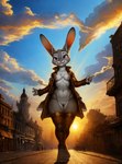 anthro bottomless bottomless_female breasts casual_exposure city city_background clothed clothing cloudscape coat dusk ears_up evening exposed_breasts female genitals legwear looking_at_viewer nipples open_clothing open_topwear presenting public public_exposure pussy sky small_breasts smile solo steampunk sun topwear walking zootopia alucard_(director) judy_hopps lagomorph leporid mammal rabbit absurd_res hi_res