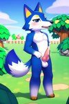 absurd_res animal_crossing animal_genitalia animal_penis anthro black_nose blue_body blue_eyes blue_fur bodily_fluids building canid canine canine_genitalia canine_penis canis chikais colored cum cum_on_penis digital_media_(artwork) erection fur genital_fluids genitals hi_res male mammal novelai nude open_mouth outside penis plant solo standing watermark white_body white_fur wolf