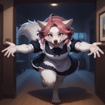 accessory clothing female hair hair_accessory inside looking_at_viewer maid_uniform open_mouth pink_hair running solo spread_arms uniform white_body traialas melina_(traialas) canid mammal hi_res