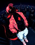 amazing_background baseball_cap biped black_body black_fur bottomwear breasts bright_colors building cheek_tuft chest_tuft city cityscape clothed clothing detailed_background facial_tuft featureless_breasts female fisheye_lens footwear fur glistening glistening_body glistening_breasts green_eyes hand_in_pocket hat headgear headwear high-angle_view horn jacket looking_at_viewer medium_breasts multicolored_body mythology navel night on_roof open_clothing open_jacket open_topwear outside pants pink_clothing pink_topwear pockets pupils red_body red_fur shirt shoes sky skyscraper slit_pupils smile sneakers solo standing streetwear tail thong_straps topwear tuft underwear white_bottomwear white_clothing white_footwear white_jacket white_pants white_shoes white_topwear gshepanon dragon furred_dragon furred_kobold kobold mammal mythological_creature mythological_scalie scalie full-length_portrait hi_res portrait