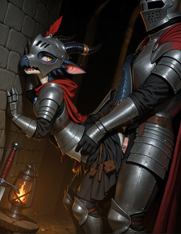 5_fingers accessory against_surface against_wall anthro anthro_penetrated armor belt biped black_clothing blue_body blue_scales blush bodily_fluids bottomwear breastplate brick_wall buckle cape claws cloak clothed clothed_sex clothing cum cum_inside detailed_background duo erection faceless_character faceless_male feathers female female_on_human female_penetrated fingers fire from_behind_position furgonomic gauntlets gem genital_fluids genitals gloves gold_(metal) hair handwear headgear helmet hood horn horn_jewelry horn_ring human_on_anthro human_penetrating human_penetrating_anthro human_penetrating_female humanoid_genitalia humanoid_penis inside interspecies jewelry knight lamp larger_male leaning leaning_forward looking_at_another looking_pleasured male male/female male_on_anthro male_penetrating male_penetrating_female medieval melee_weapon mythology open_mouth pants pauldron penetration penile penile_penetration penis plate_armor red_cape red_clothing ring ring_(jewelry) scabbard scales sex side_view size_difference smaller_anthro smaller_female spaulder standing standing_sex stealth_sex sword tail teeth tongue topwear torch vaginal vaginal_penetration vambrace wall_(structure) warrior weapon white_body yellow_eyes fluffscaler dragon human kobold mammal mythological_creature mythological_scalie scalie hi_res