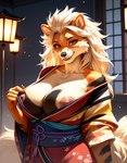 anthro asian_clothing breasts clothed clothing east_asian_clothing female floral_print fur japanese_clothing kimono long_tail looking_at_viewer mature_female nipple_slip off_shoulder orange_body orange_fur solo stripes redstallion_(director) arcanine canid canine generation_1_pokemon mammal pokemon_(species)