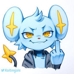 anthro cheek_tuft clothing cute_fangs facial_tuft gesture head_tuft male middle_finger narrowed_eyes smile smug solo tail tuft upper_body yellow_eyes kaltingale_(director) nintendo pokemon generation_4_pokemon pokemon_(species) shinx hi_res painting_(artwork) portrait signature traditional_media_(artwork) watercolor_(artwork)