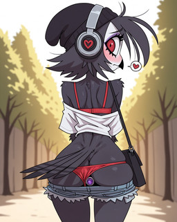 anal anal_penetration anthro beanie big_butt bottomwear bra butt butt_focus buttplug buttplug_in_ass buttplug_insertion clothing cutoffs denim denim_clothing exhibitionism female floating_heart hat headgear headphones headwear object_in_ass outside penetration plug_(sex_toy) plug_insertion rear_view red_bra red_clothing red_thong red_underwear sex_toy sex_toy_in_ass sex_toy_insertion shorts solo thong underwear arantonak hellaverse helluva_boss octavia_(helluva_boss) avian owl_demon hi_res