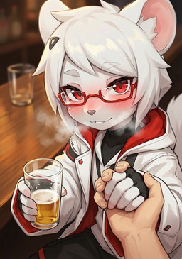 alcohol anthro beer beverage black_nose breath cc-by-sa duo eyewear glasses hair male red_eyes smile tail white_hair anonymous_director zoey_the_spirit_sable mammal mink mustelid musteline true_musteline hi_res