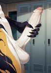 5_fingers anthro balls big_penis blurred_background claws countershading dipstick_arms dripping erection fingers foreskin genitals glans handjob holding_penis humanoid_genitalia humanoid_penis inside locker_room long_penis male masturbation motion_lines nude partially_retracted_foreskin penile penis penis_shot sex side_view solo vein veiny_penis white_balls white_body white_countershading white_penis yellow_body yiffymix_(model) chilon249 hi_res