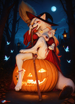 animal_genitalia animal_pussy ankle_tuft anklet anthro bodily_fluids breasts broom butt canine_genitalia canine_pussy claws cleaning_tool clothing fangs female forest forest_background fur genitals glowing glowing_eyes hair halloween hat headgear headwear jack-o'-lantern jewelry lamp lantern leg_tuft licking light looking_at_viewer magic_user markings moon moonlight nature nature_background necklace night nipples plant presenting pussy red_clothing red_markings sitting_on_pumpkin smile solo tail teeth tongue tongue_out tree tuft white_body white_fur witch witch_clothes witch_hat chrisphoenix halloween_2025 okami_(capcom) amaterasu_(okami) arthropod butterfly canid canine canis insect lepidopteran mammal wolf absurd_res hi_res