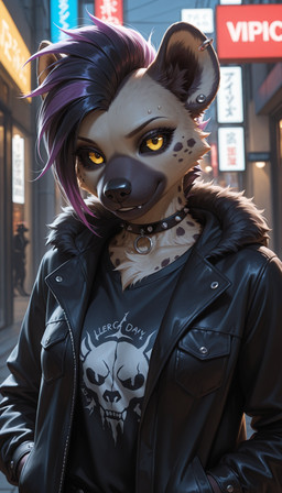 black_clothing black_hair black_jacket black_sclera black_shirt black_topwear breasts brown_body brown_fur choker city clothed clothing ear_piercing ear_ring eyebrow_piercing facial_piercing female fully_clothed fur hair hand_in_pocket jacket jewelry leather leather_clothing leather_jacket leather_topwear looking_at_viewer medium_breasts mohawk multicolored_body multicolored_fur multicolored_hair necklace night open_clothing open_jacket open_topwear outside piercing pockets punk punk_girl punk_hair purple_hair ring_piercing shirt smile snout solo spiked_choker spikes spots spotted_body spotted_fur standing topwear two_tone_body two_tone_fur two_tone_hair yellow_eyes aellios violet_(aellios) hyaenid mammal spotted_hyena hi_res