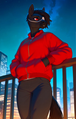 anthro black_body black_fur black_hair blue_sky bottomwear city city_background clothing denim denim_clothing eye_patch eyewear female fur hair hand_in_pocket jeans looking_away low-angle_view night pants pockets red_clothing red_eyes sky solo star_(sky) undercut adragocult equid equine mammal absurd_res hi_res