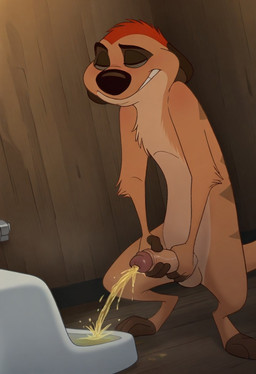 anthro balls bodily_fluids clenched_teeth eyes_closed foreskin fur genital_fluids genitals glans hair half-erect holding_penis humanoid_genitalia male peeing penis pink_glans retracted_foreskin solo teeth toilet toilet_use urine urine_stream watersports boxen549 disney the_lion_king timon herpestid mammal meerkat hi_res