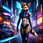 african_wild_dog anthro argon-42 armor black_body black_fur black_nose blue_eyes brown_body brown_fur brown_hair canid canine car city clothed clothing colorful cyberpunk female fur hair hi_res inner_ear_fluff looking_at_viewer mammal midriff navel neon_lights night outside portrait public skimpy skinny smile smirk solo street three-quarter_portrait tuft vehicle walking white_body white_fur