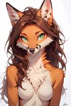 anthro brown_hair face_focus female fur green_eyes hair looking_at_viewer natural_nipples naturally_censored nudity orange_body orange_fur simple_background solo white_background white_body white_fur henriqueplytz canid canine fox mammal red_fox absurd_res hi_res