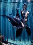 breasts bubble female fin looking_at_viewer multicolored_body navel nipples nude pink_nipples sea seaweed smile solo swimming two_tone_body underwater water marcus64 cetacean delphinoid mammal marine oceanic_dolphin orca taur toothed_whale hi_res