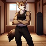 anthro bottomwear brown_body brown_fur clothing dojo frosting.ai fur looking_at_viewer male male_focus muscular muscular_anthro muscular_male pants red_eyes shirt smile solo solo_focus topwear candougie brutal_paws_of_fury kendo_coyote canid canine canis coyote mammal