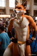 anthro bottomwear bracelet bulge clothing convention crowd dancing gold_(metal) gold_jewelry group hands_on_hips jewelry loincloth looking_at_viewer male necklace public seductive solo solo_focus standing carnivalecloudmuncher background_character canid canine fox human mammal animated webm