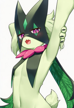 anthro blush blush_lines breast_curtains breasts claws eyelashes fangs female fur green_body green_fur green_hair hair looking_at_viewer navel open_mouth purple_eyes simple_background small_breasts solo tail teeth tongue aialize nintendo pokemon felid feline generation_9_pokemon mammal meowscarada pokemon_(species) 2025 hi_res