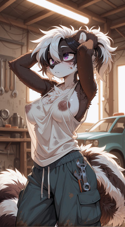 anthro armpit_hair armpit_showing armpit_tuft black_nose bodily_fluids body_hair breasts car chest_tuft cleavage clothed clothing dirty dirty_clothing dirty_face dirty_pants drawstring female fluffy fluffy_tail fur hair hair_grab inner_ear_fluff long_tail multicolored_body multicolored_fur multicolored_hair nipple_outline nipple_slip nipples nose purple_eyes raised_arms shirt side_boob solo standing sweat sweaty_body sweaty_breasts sweaty_face tank_top tools topwear touching_hair translucent translucent_clothing translucent_shirt translucent_topwear tuft vehicle wet wet_clothing wet_shirt wet_topwear workshop wrench whigwham mammal mephitid skunk absurd_res hi_res