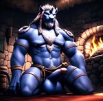 anthro balls bottomwear clothing felid final_fantasy fireplace genitals hi_res kimahri loincloth male mammal nipples pecs penis pup_tobey ronso solo wall_(structure)