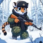 3_fingers 4_fingers 5_fingers anthro armor black_stripes blue_eyes clothing felid fingers fur gun hat headgear headwear male mammal markings military military_uniform nikkolaus orange_body orange_fur pantherine ranged_weapon rifle sniper_rifle snow snow_everywhere snow_on_branches snow_on_ground solo striped_body striped_fur striped_markings striped_tail stripes tail_markings tiger uniform ushanka weapon