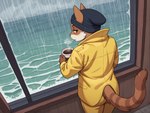 anthro beanie beverage clothing coat coffee female hat headgear headwear high-angle_view markings raincoat raining rear_view sea solo storm storm_clouds striped_markings striped_tail stripes tail_markings topwear water otteranon domestic_cat felid feline felis mammal hi_res