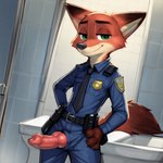 animal_genitalia animal_penis anthro bathroom canid canine canine_genitalia canine_penis clothing fox fur genitals green_eyes hi_res joshan2 knot male mammal nick_wilde orange_body orange_fur penis police_uniform solo uniform zootopia