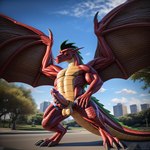 <naira2000> american_dragon:_jake_long anthro bodily_fluids dragon genital_fluids genitals green_hair hair jake_long male masturbation penile penile_masturbation penis precum presenting red_body red_scales scales scalie solo western_dragon