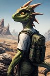 anthro backpack clothed clothing gold_eyes green_body green_scales male mountains rock sand scales shirt solo spikes t-shirt topwear dimot humanoid kobold lizardman reptile scalie