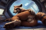 anthro anus backsack balls butt close-up genitals hand_on_butt hi_res ilberd inside looking_at_viewer looking_back looking_back_at_viewer lying male mammal on_side paws presenting presenting_anus procyonid raccoon rear_view rocket_raccoon solo spacecraft_interior spread_butt spreading