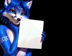 anthro blue_body blue_eyes blue_fur canid canine countershading exploitable female fox fur hi_res krystal mammal meme mercrantos sign solo white_body white_countershading